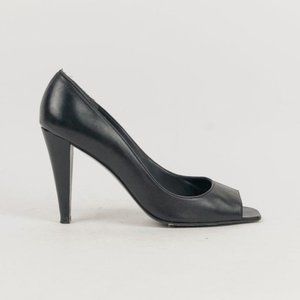Stuart Weitzman Black Leather Peep-Toe Sandals